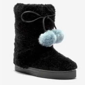 FRANCES VALENTINE Samantha Boots Black Faux Fur with Blue Pom Pom Size 8 Booties